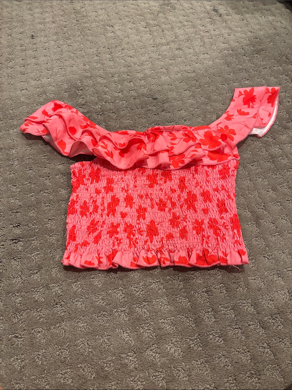 Smocked One-Shoulder Floral Crop Top - Coral Pink